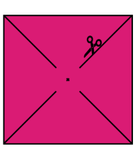 The square now has a diagonal black line from each corner, with a pair of scissors along the top right one. Each line ends just before the centre of the square. This is marked with a small black circle.