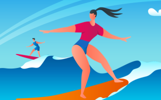 Cartoon woman on a surfboard
