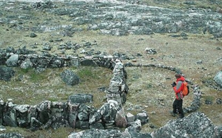 Several longhouse and other stone structures on Pamiok Island, in Ungava Bay, Quebec