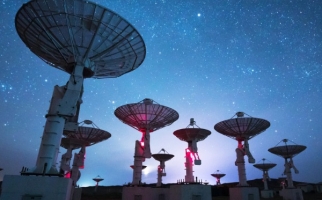 Radio Telescope array at night 