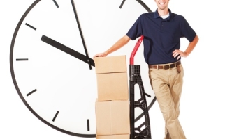 Image of delivery person and clock to represent being friendly, reliable and on time