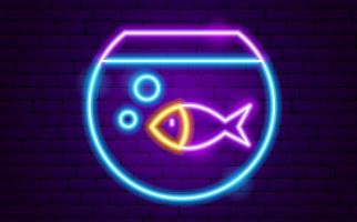 Neon sign of a fish in a bowl