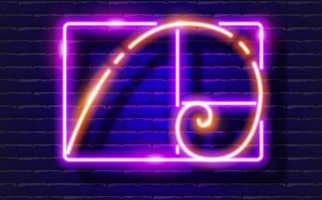 Neon sign depicting the golden spiral mounted on a dark background.