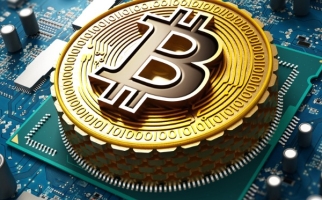 Bitcoin logo and motherboard