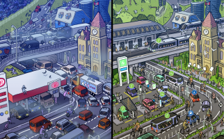 Illustration of congested and sustainable cities