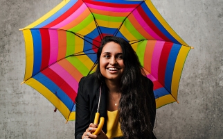 Vanessa Raponi with multicolored umbrella
