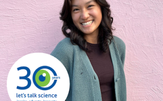 Caroline Huang smiling in front of a pink wall with the Let's Talk Science 30th Anniversary logo