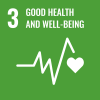 Green background icon with a heartbeat and heart in white, labeled "3: Good Health and Well-Being"