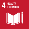 Icon with red background and an open book and pencil in white labeled "4: Quality Education"