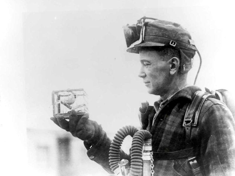 Mining foreman R. Thornburg shows a small cage with a canary used for testing carbon monoxide gas in 1928 