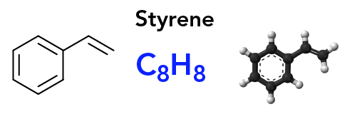 Skeletal formula, molecular formula and space filling model of styrene