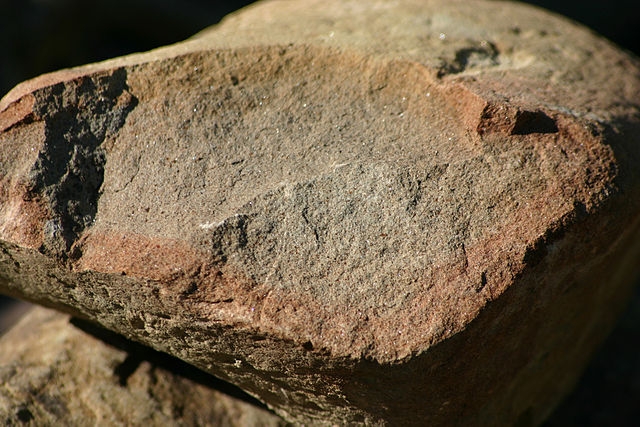 A freshly broken piece of sandstone shows an outer layer of reddish oxidized rock