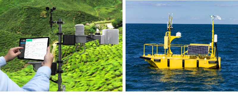 Land-based weather station on the left and weather station buoy on the right 