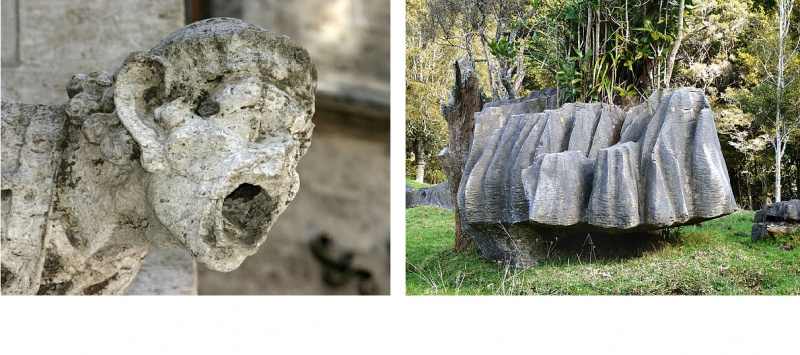 Acid damage to a limestone gargoyle, on the left, and natural limestone, on the right 