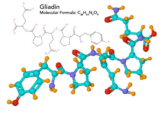 Molecular formula and ball-and-stick model of gliadin, one of the proteins that makes up gluten 