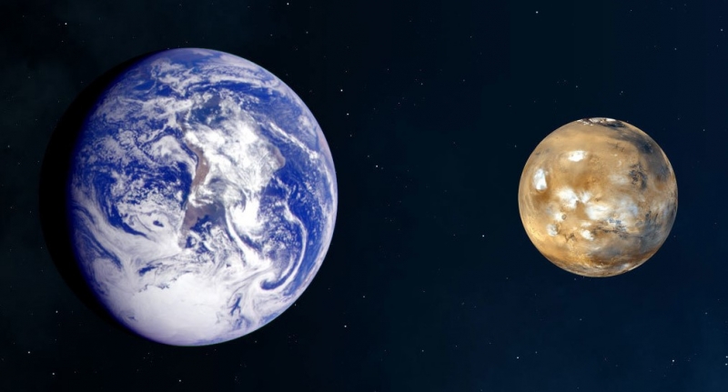 Earth on the left and Mars on the right.