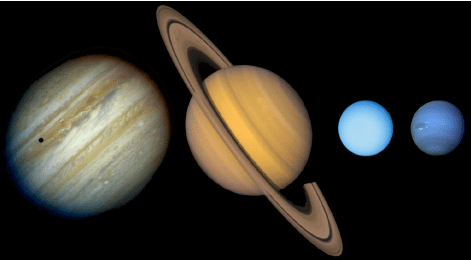 Side by side of Jupiter, Saturn, Uranus and Neptune