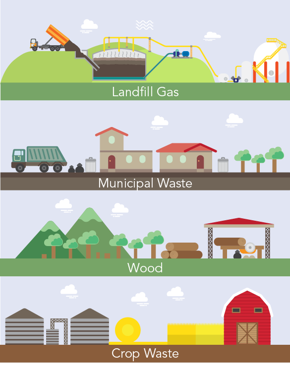 Виды биомассы, включая свалочный газ, бытовые отходы, древесину и отходы сельскохозяйственных культур.