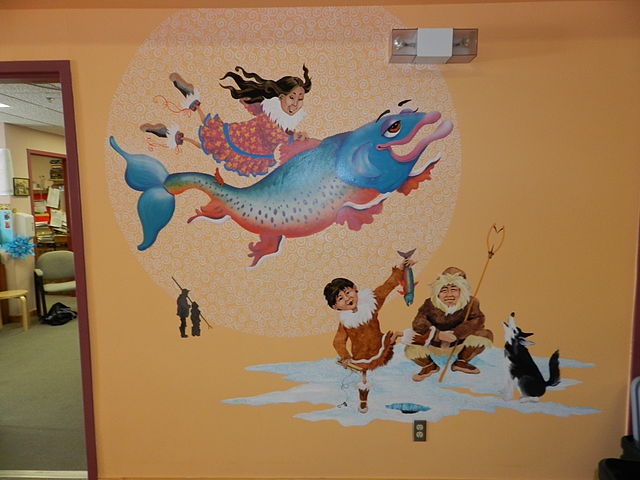 Ice fishing mural at Kullik Ilihakvik primary school in Cambridge Bay, Nunavut