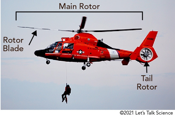 Location of rotor blades, main rotor and tail rotor on a helicopter