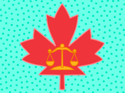 Red maple leaf overlayed by scales of justice