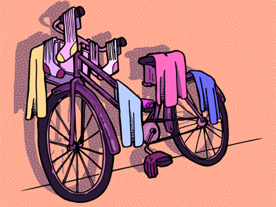 Cartoon of clothes hanging off of a bicycle