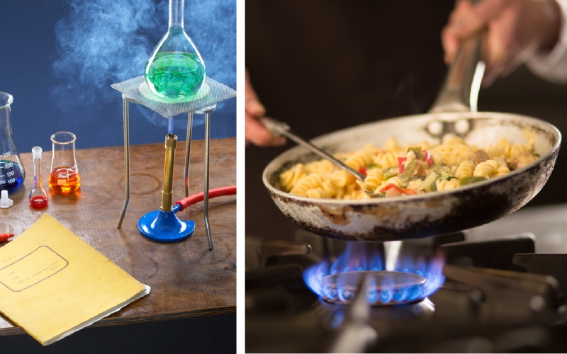Left: Bunsen burner heating a liquid in a chemistry lab. Right: Pan with pasta heating over a gas stovetop