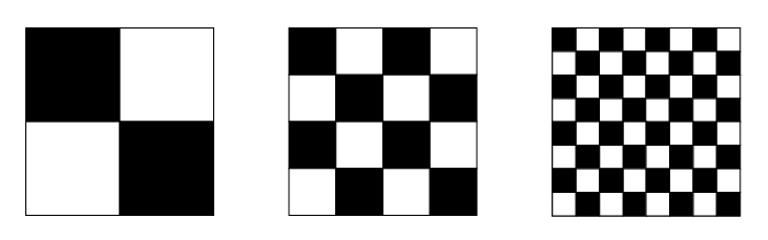 Three subdivided squares. From left to right: A 2 x 2 set of squares, a 4 x 4 set of squares and an 8 x 8 set of squares