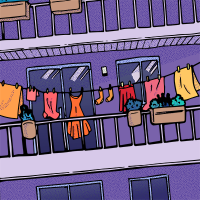 Cartoon of clothes hanging off a clothes line