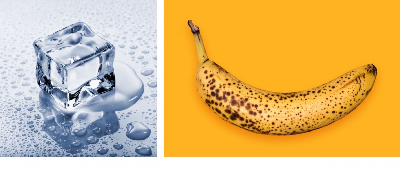 Left: A melting ice cube is a good example of a physical change. Right: A browning banana is a good example of a chemical change