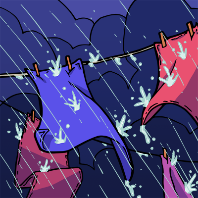 Cartoon of laundry on a clothesline in the rain