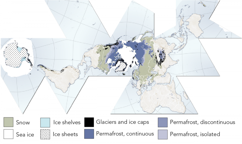The Earth’s cryosphere. Note that Antarctica is on the left and the Arctic is around the middle of this map