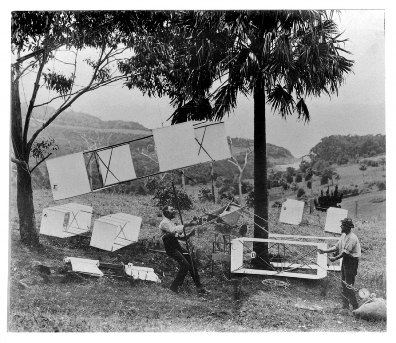 Lawrence Hargrave and James Swain prepare their box kites for lifting humans, 1894