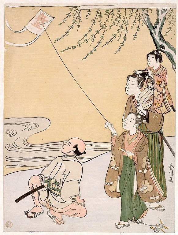 Woodblock print of kite flying by Japanese artist Suzuki Harunobu (鈴木 春信), 1766