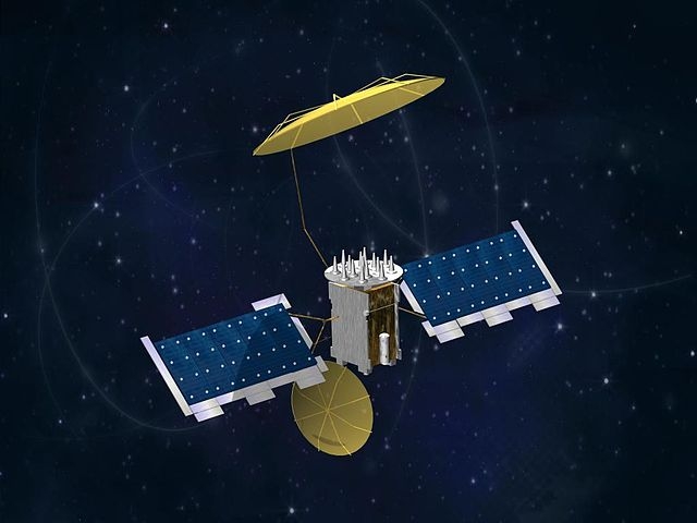 The large yellow umbrella-like objects are this satellite’s antennas