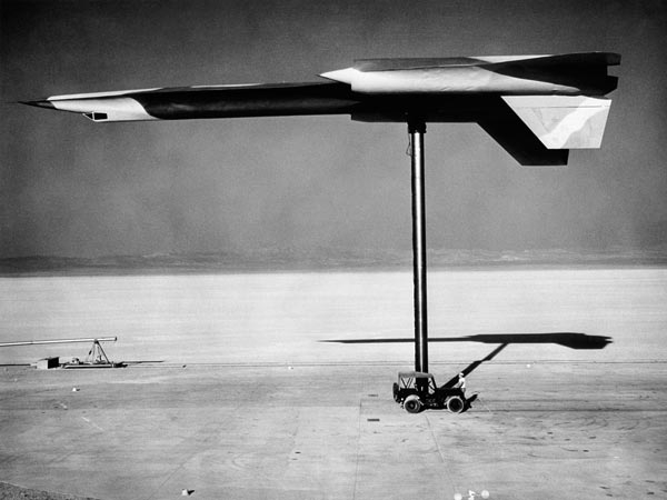 Lockheed A-12 Blackbird reconnaissance aircraft mounted on a pole for radar cross-section (RCS) testing in Area 51, Nevada, 1962