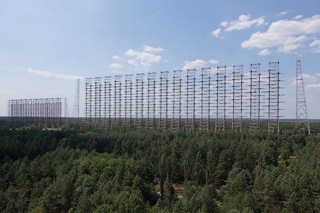 OTH skywave radar near Chernobyl, Ukraine. The taller radar towers are about 150 metres in height 