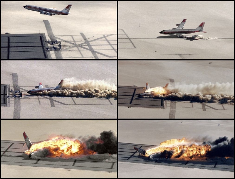 This sequence of photos shows the crash of the Boeing 720 during the Controlled Impact Demonstration