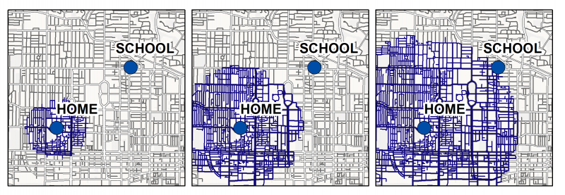 Maps showing how the time calculations move outward from home to school