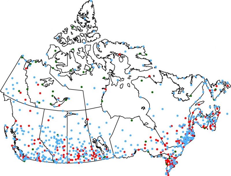 Temperature data collection stations in Canada