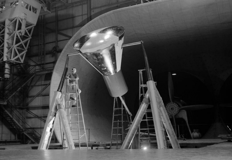 A full-scale model of a Mercury space capsule in the Full Scale Tunnel at NASA’s Langley Research Center in Virginia, 1959