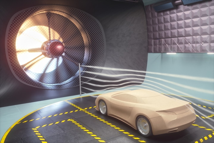 Car model in a wind tunnel 