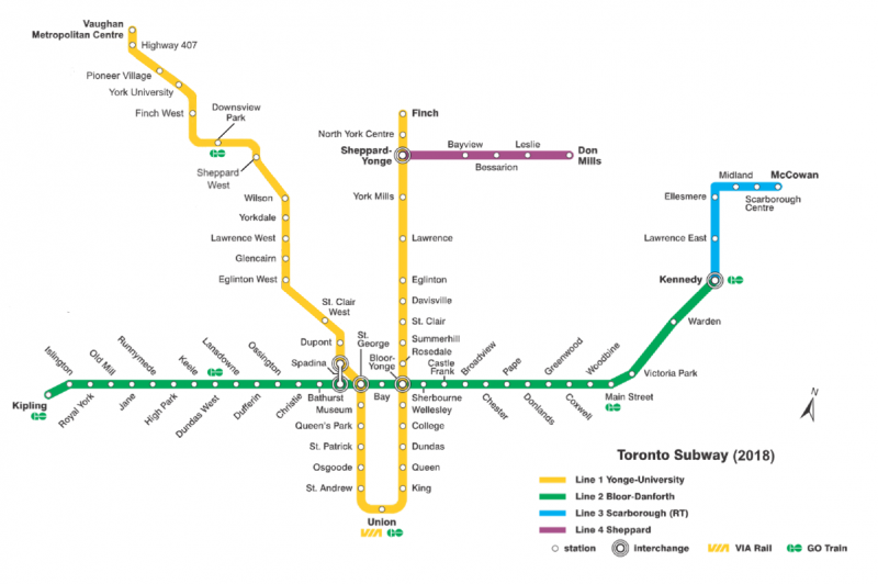 Map of the Toronto subway system in 2018
