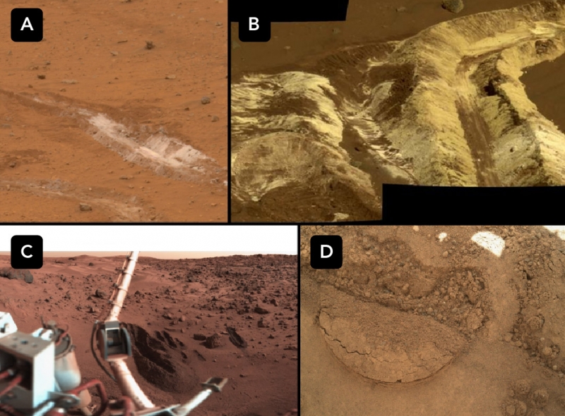 Colour photos of the reddish soil at four sample sites on Mars.