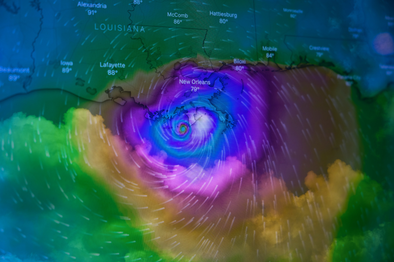 Double exposure of Hurricane Ida making landfall