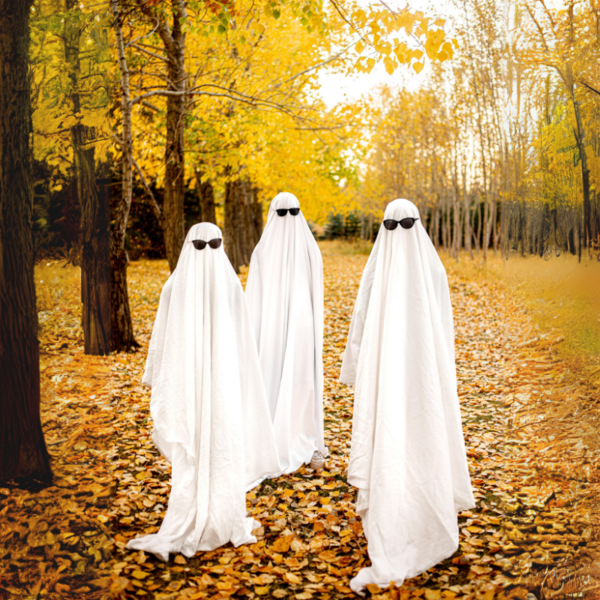 Three ghosts with sunglasses in the forest