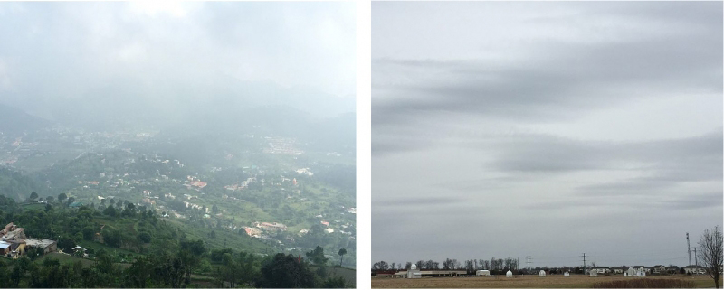 Shown are two colour photographs of different types of smooth, translucent cloud over landscapes.