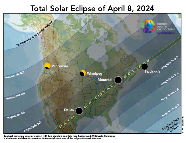 Shown is a colour map of North America overlaid with translucent grey stripes and several illustrations of the Sun in eclipse.