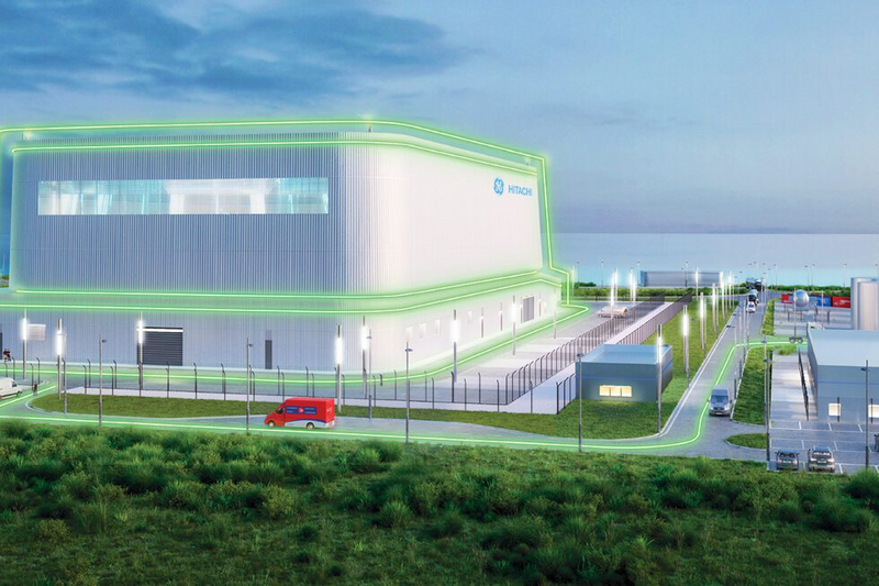 Shown is a colour illustration of the planned SMR plant at OPGs Darlington nuclear facility on the shore of Lake Ontario.