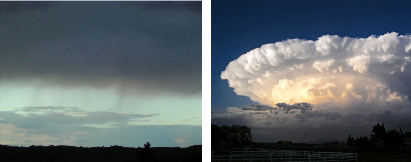 Shown are two photographs of different types of clouds over dark landscapes.